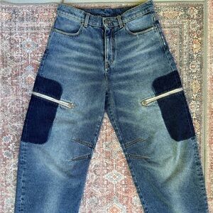 Palm Angels Two-Tone Blue Relaxed Zip Patch Jeans